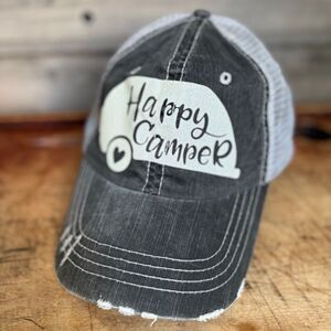 Happy Camper Outdoors Camping Black Denim Adult Adjustable Baseball Cap Hat